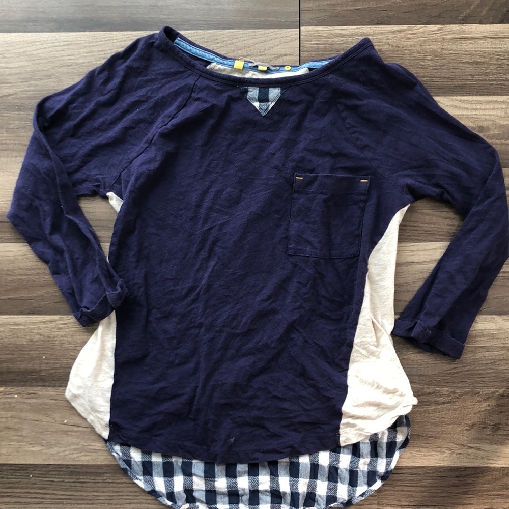 Anthro little blue button color block plaid 3/4 sleeve top Women’s medium
